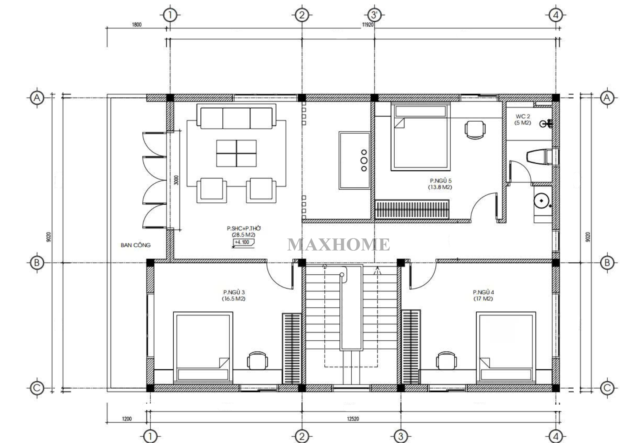 Mặt bằng bố trí công năng tầng 2