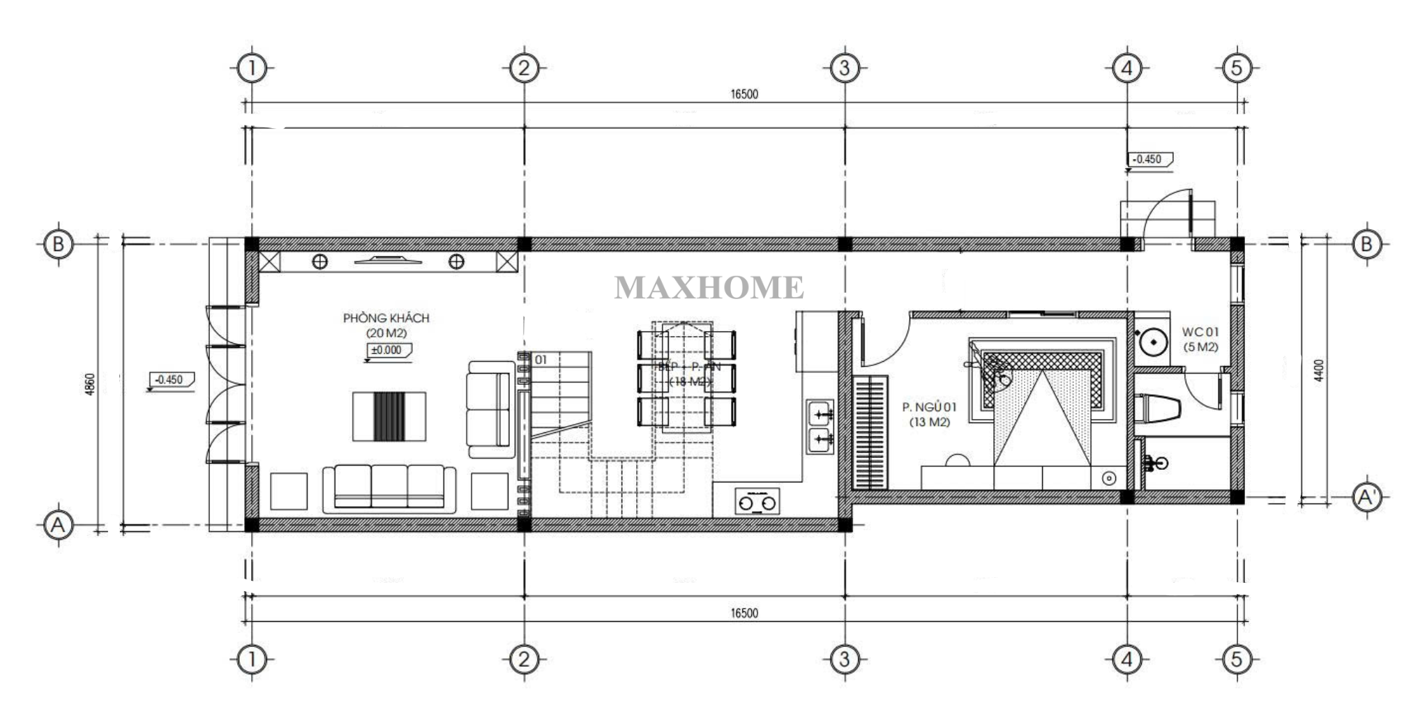 Mặt bằng bố trí công năng sử dụng tầng 1