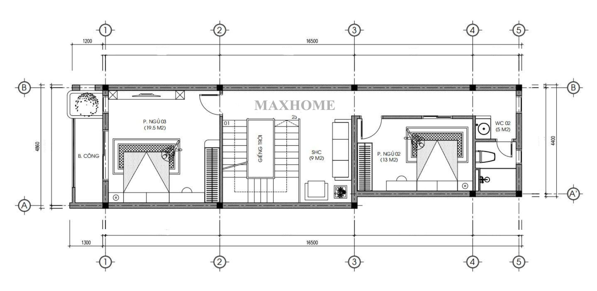 Mặt bằng bố trí công năng sử dụng tầng 2