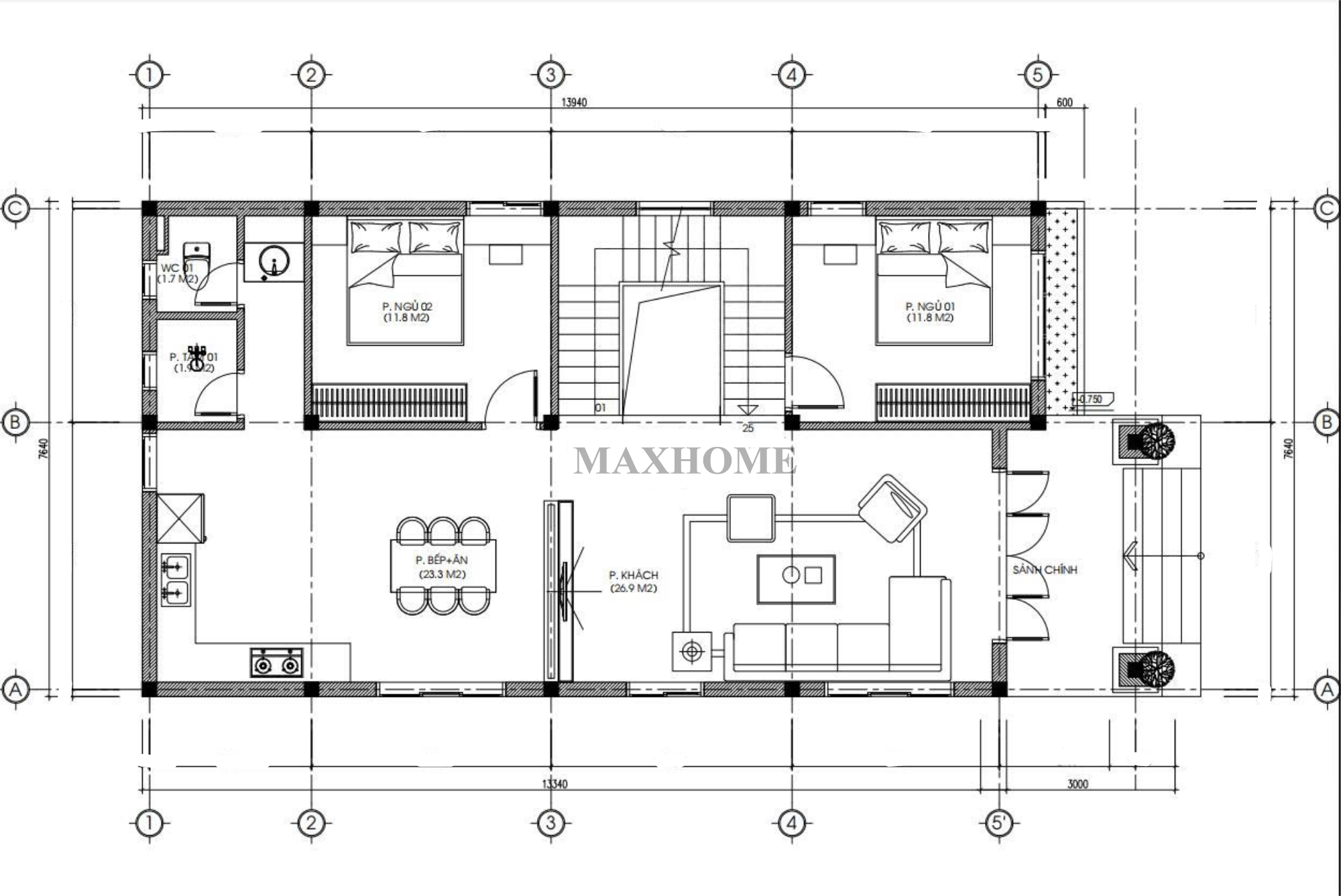 Mặt bằng bố trí công năng sử dụng tầng 1