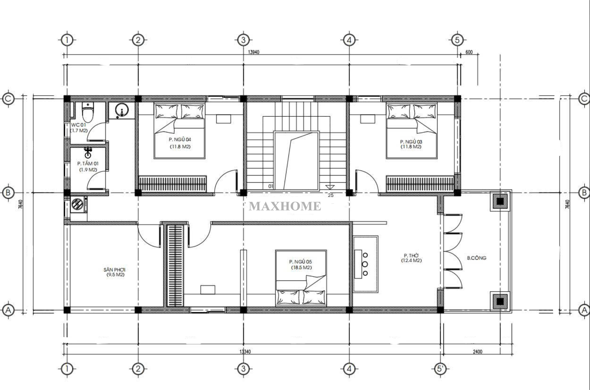 Mặt bằng bố trí công năng sử dụng tầng 2