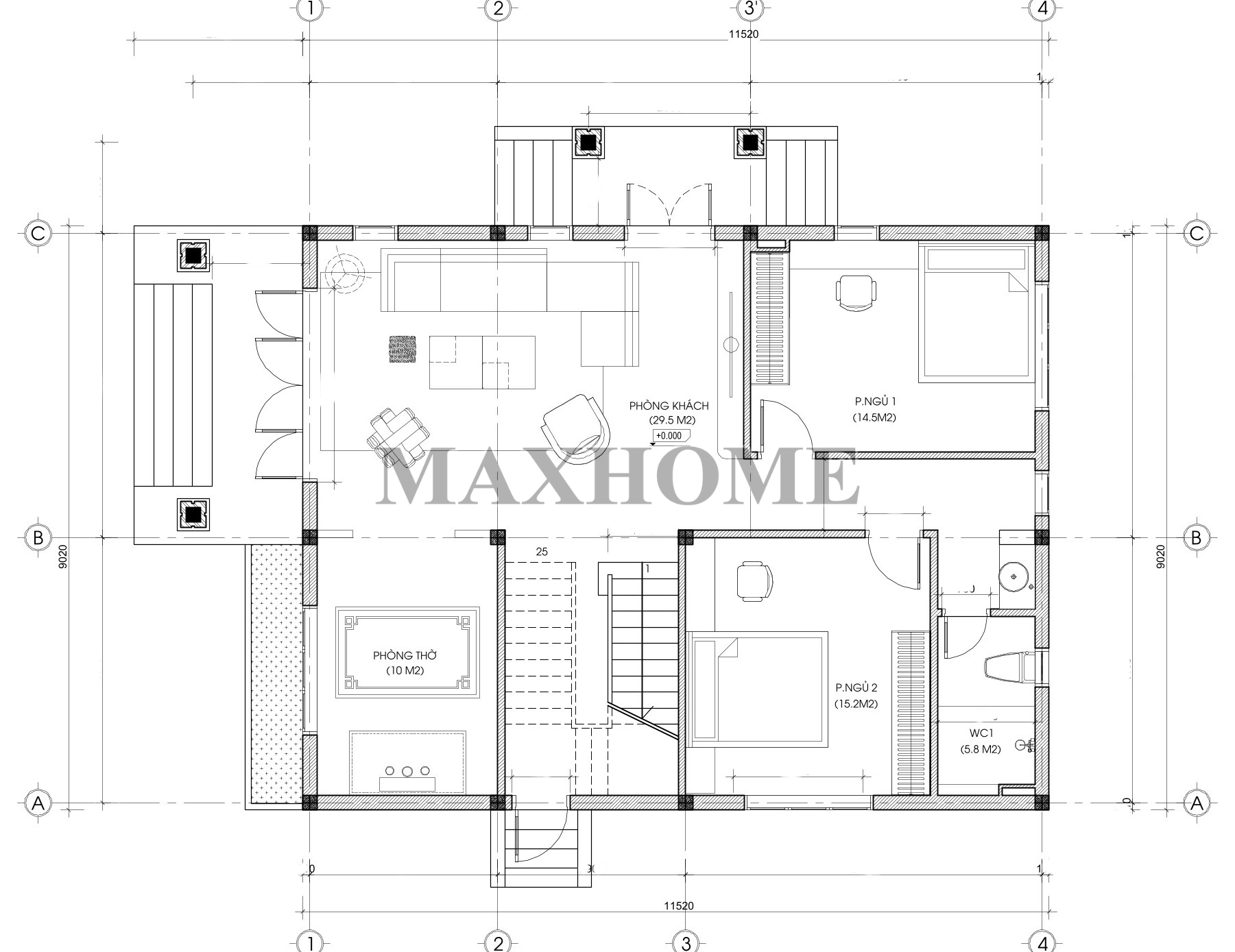 Thiết kế nhà 2 tầng mái Nhật hiện đại với công năng 4 phòng ngủ