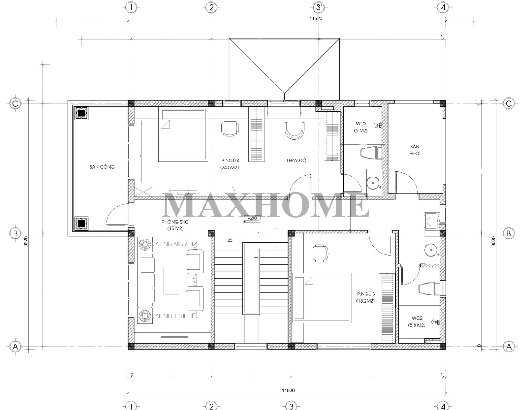 Thiết kế nhà 2 tầng mái Nhật hiện đại với công năng 4 phòng ngủ