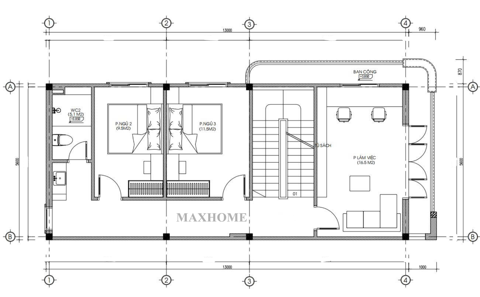 Mặt bằng bố trí công năng sử dụng tầng 2