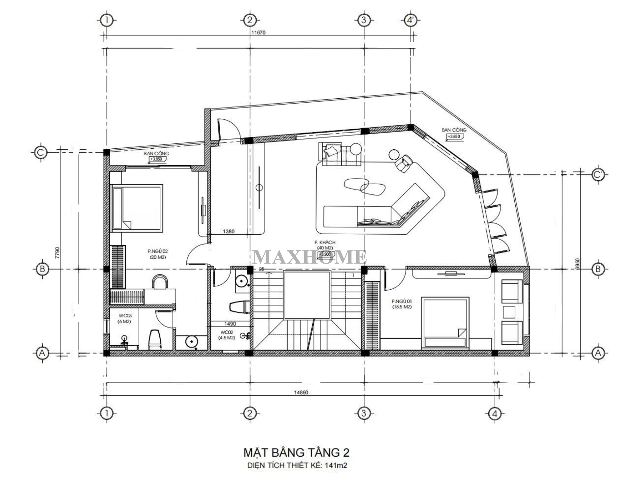 Mặt bằng bố trí công năng tầng 2