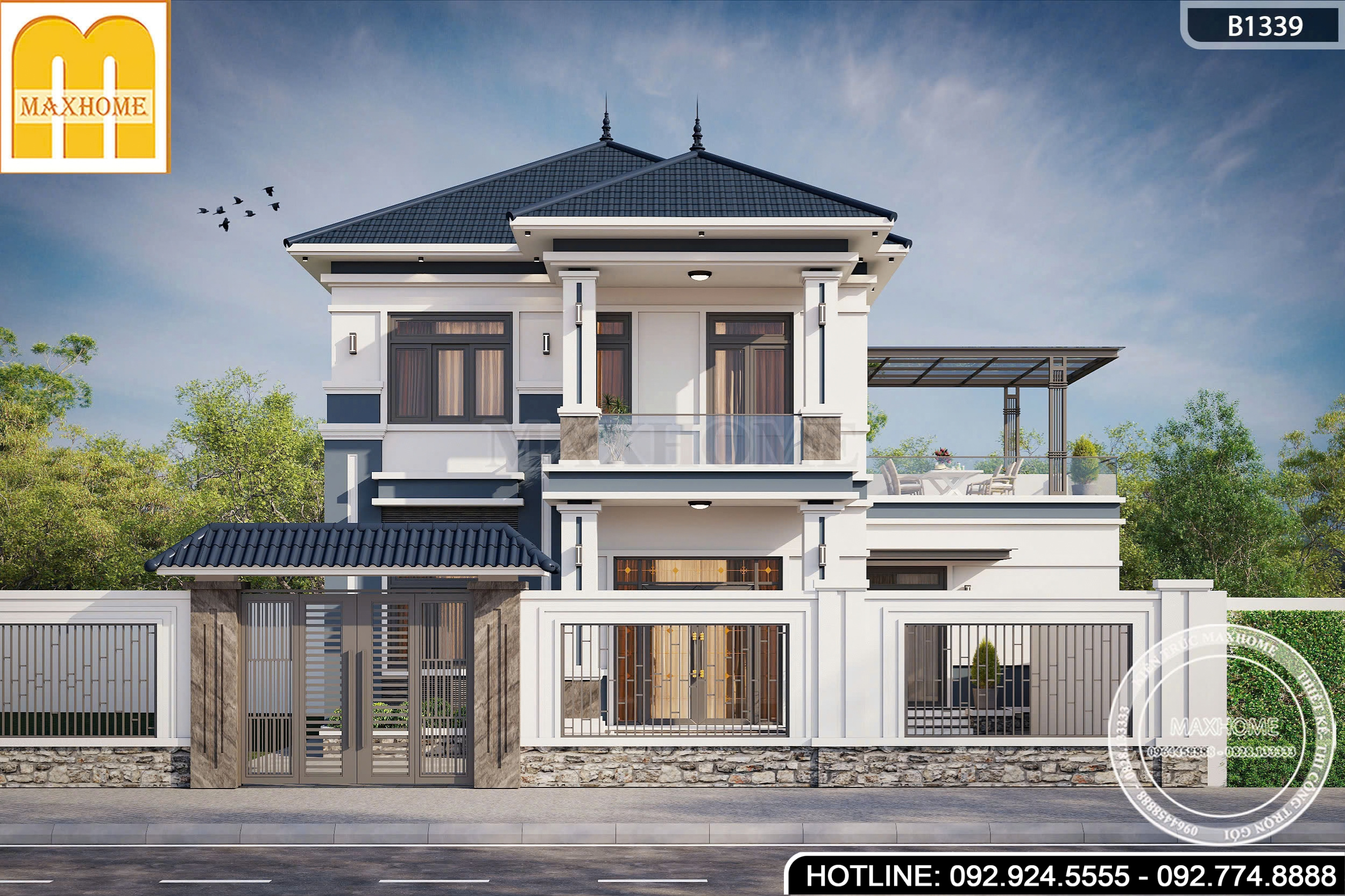 Mẫu nhà 2 tầng mái Nhật hiện đại, phòng ăn riêng biệt | MH47183